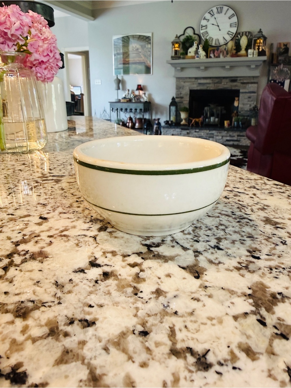 Vintage Thick Chunky White Restaurant Stoneware Bowl with Green Rim - Picture 9 of 16